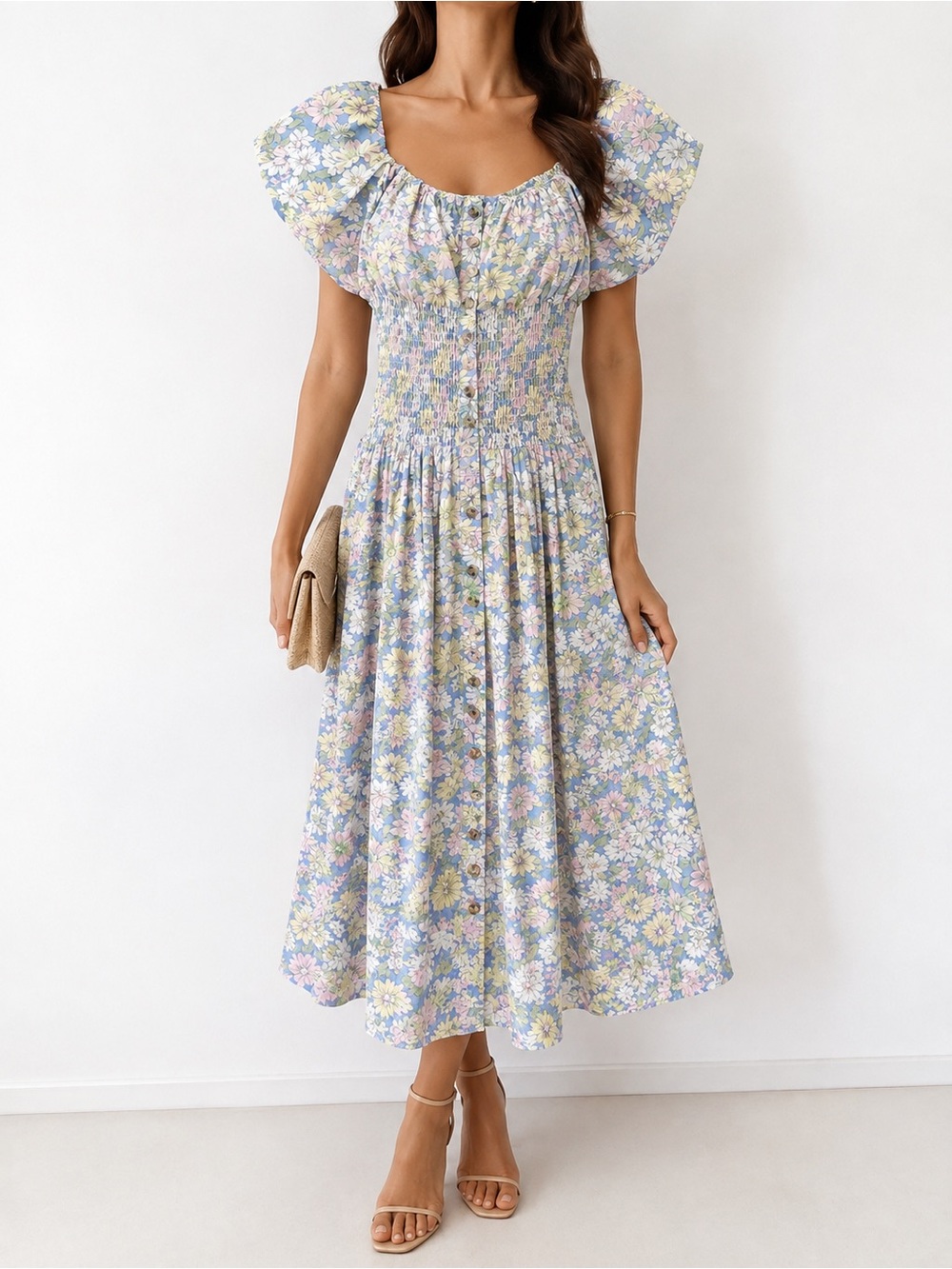 Free People Pastel Blue Floral Puff-Sleeve Midi Dress